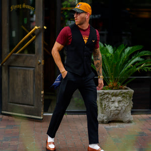 Southern Gents singlebreasted suit vest - black and lug sole penny loafer in brown white
