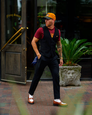 Southern Gents singlebreasted suit vest - black and lug sole penny loafer in brown white