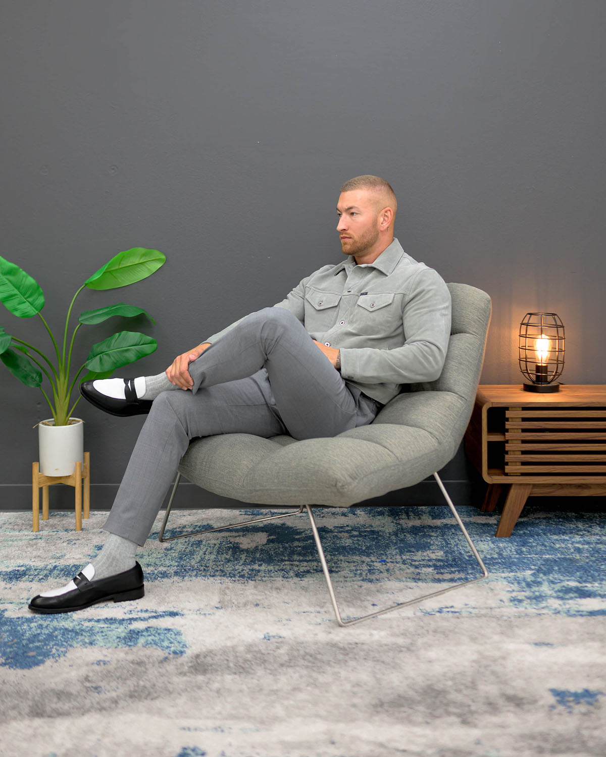 Southern Gents Grey Suede rucker Jacket and Black White Penny Loafer
