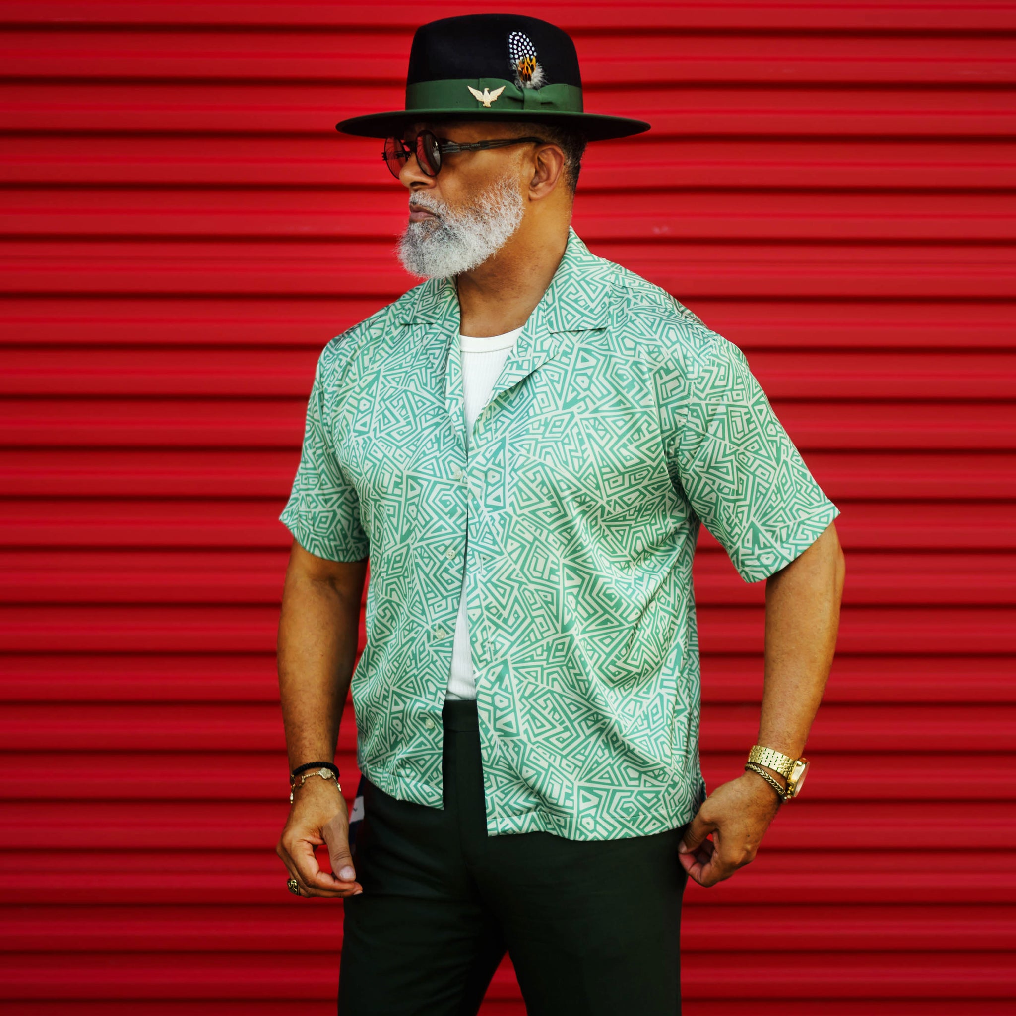 Southern Gents Ferguson Fedora - Black Green Camp Collar Shirt - Geometric Jungle 