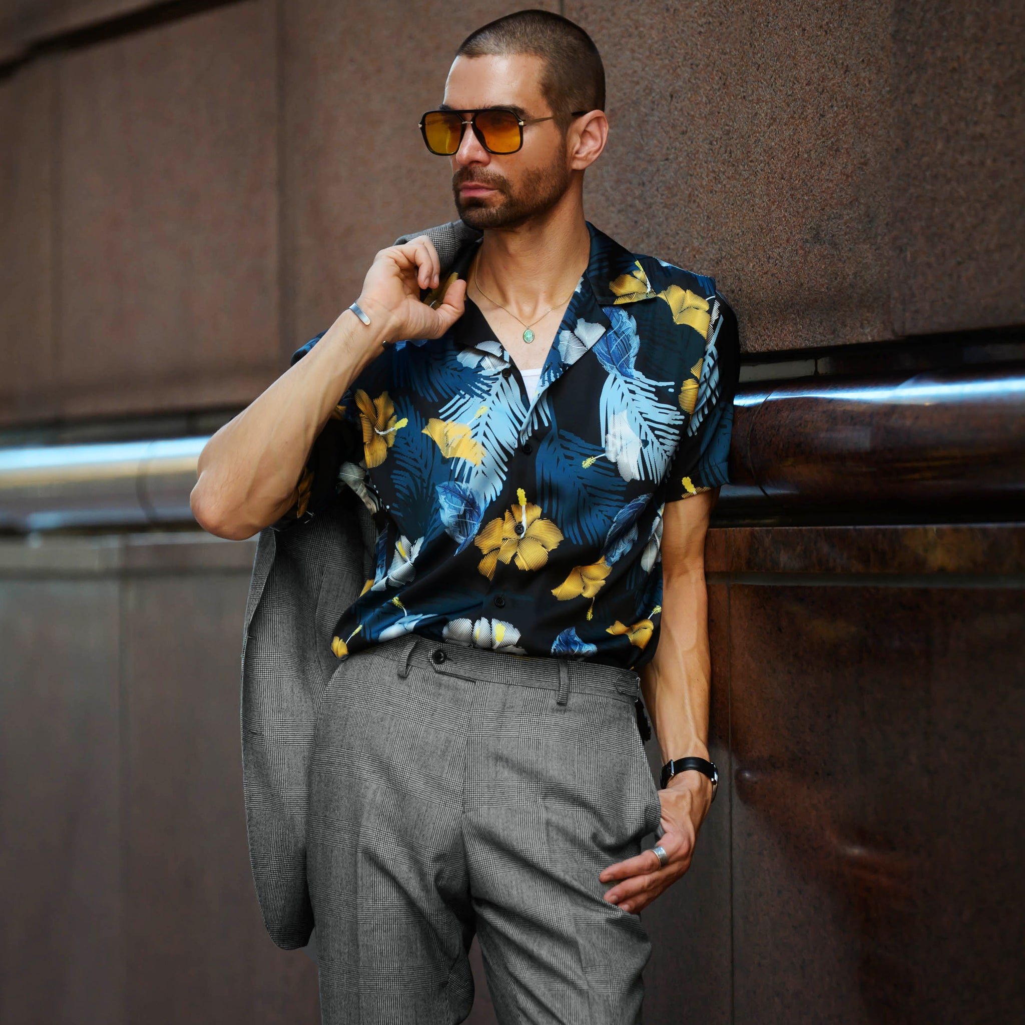 Southern Gents Camp Collar Shirt - Navy Hibiscus