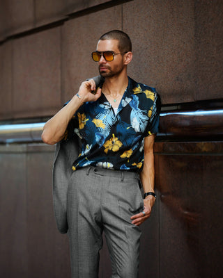 Southern Gents Camp Collar Shirt - Navy Hibiscus