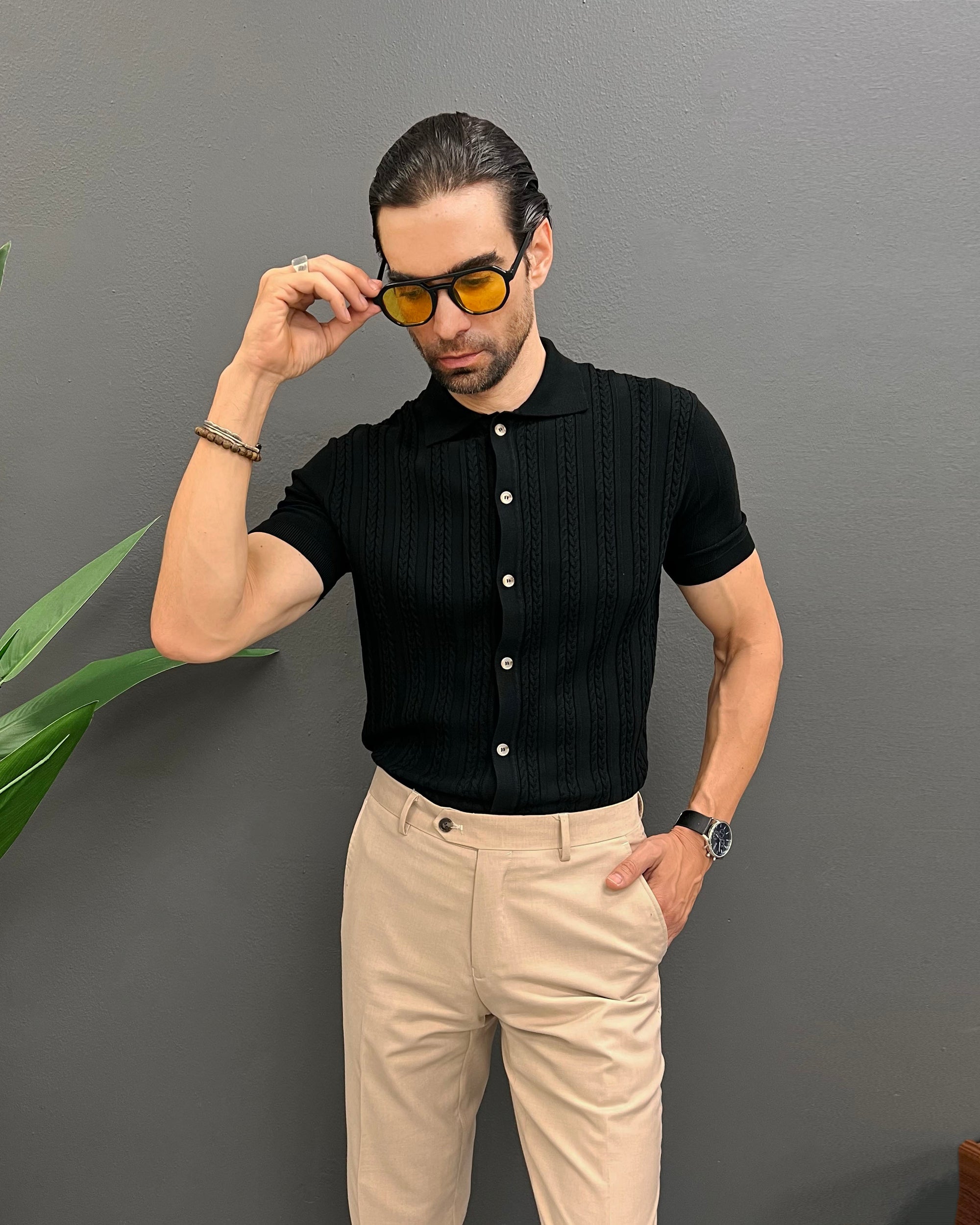polo black dress shirt Long Sleeve Button Down Polo Solid // Black
