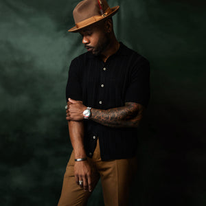 Southern Gents Trilby Fedora Hat - Brown and Cable Knit Polo in Black
