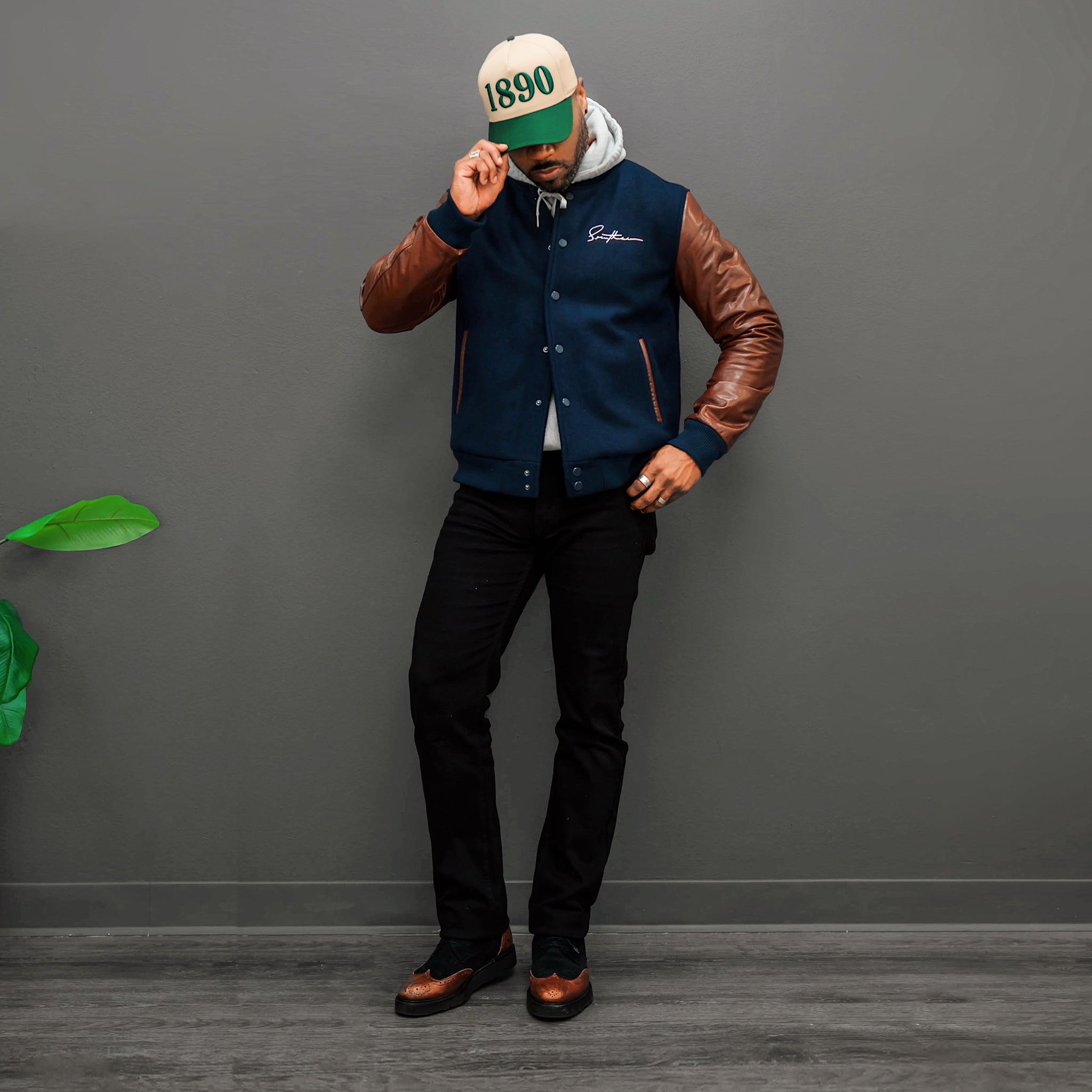 Southern Gents Signature Vintage Varsity Jacket - Navy + Brown and Black Wingtip Sport Boots with Vibram Sole