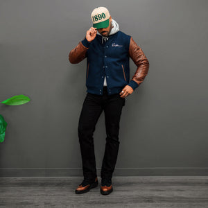 Southern Gents Signature Vintage Varsity Jacket - Navy + Brown and Black Wingtip Sport Boots with Vibram Sole