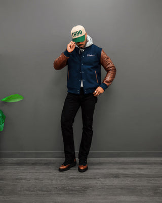 Southern Gents Signature Vintage Varsity Jacket - Navy + Brown and Black Wingtip Sport Boots with Vibram Sole
