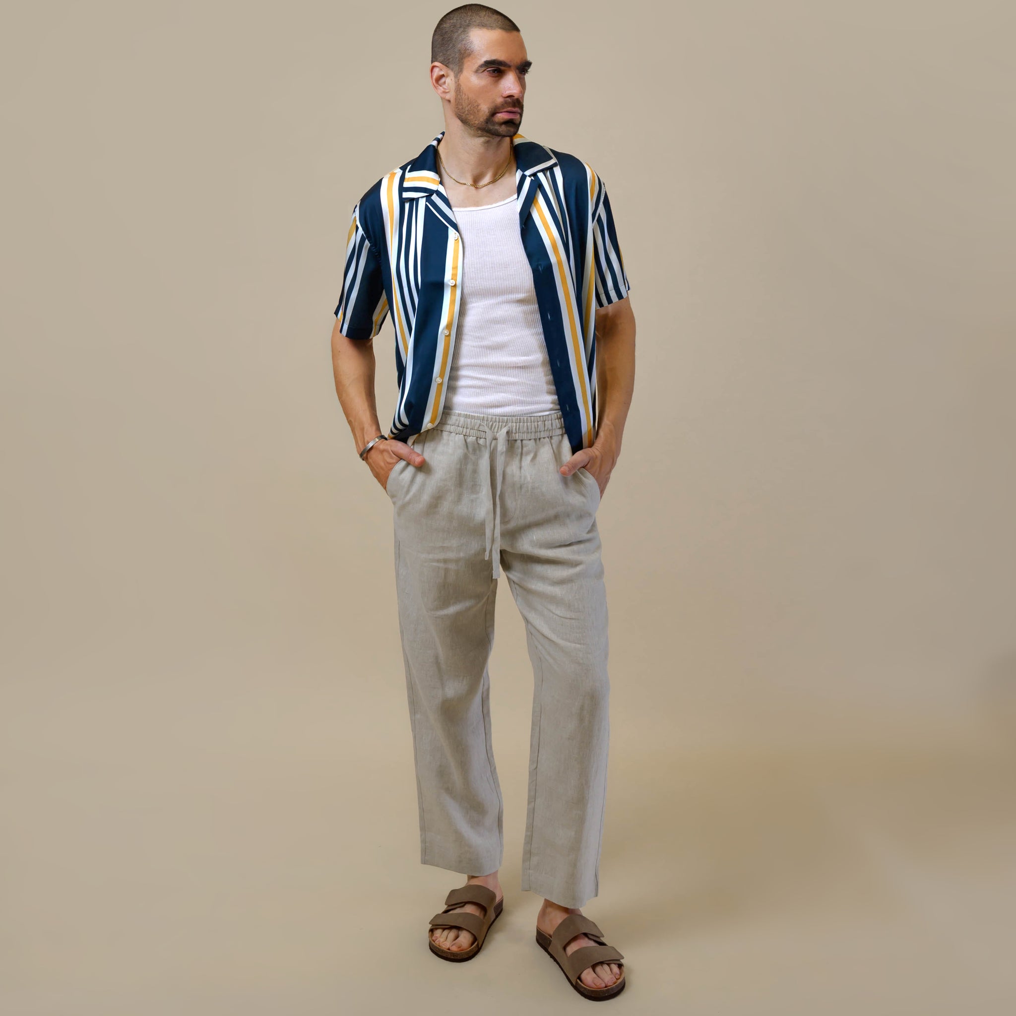 Southern Gents Camp Collar Shirt - Navy + Gold Stripe