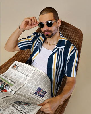 Southern Gents Camp Collar Shirt - Navy + Gold Stripe