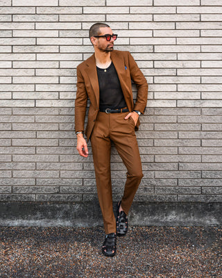 Southern Gents Tobacco Brown Suit Blazer and Dress Trouser with Black fisherman sandals
