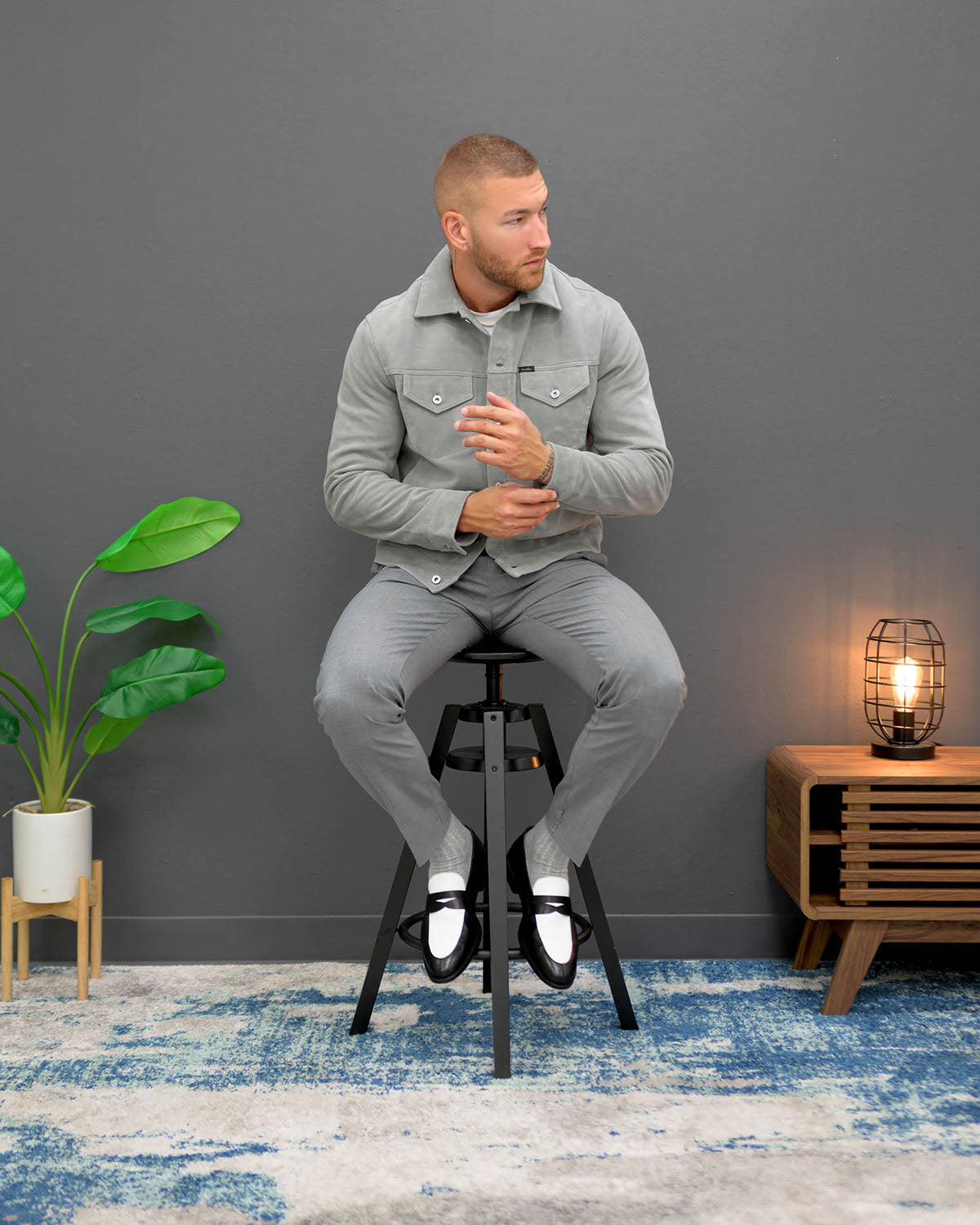 Southern Gents Grey Suede rucker Jacket and Black White Penny Loafer
