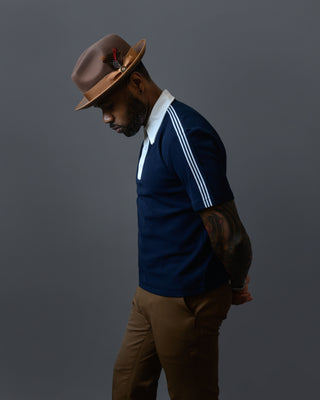 Southern Gents Vintage Cotton Polo - Navy + White and Brown Trilby Fedora Hat