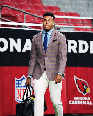 Marcus Jones New England Patriots in Southern Gent Khaki Plaid Blazer and Ivory Trouser