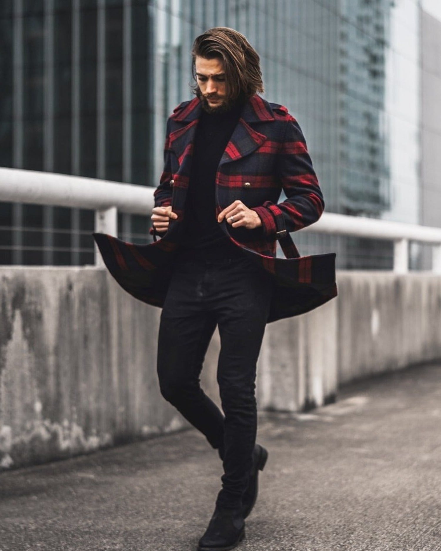 Plaid pea best sale coat mens