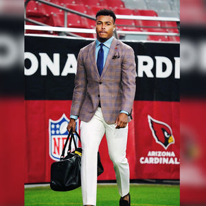 Marcus Jones New England Patriots in Southern Gent Khaki Plaid Blazer and Ivory Trouser